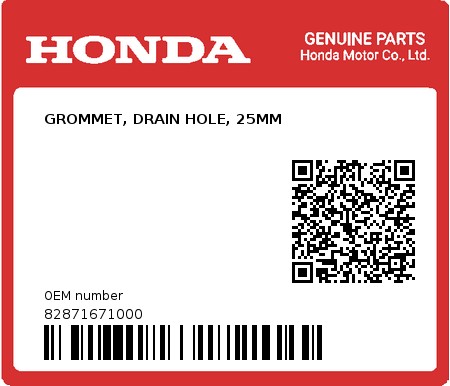 Product image: Honda - 82871671000 - GROMMET, DRAIN HOLE, 25MM  0