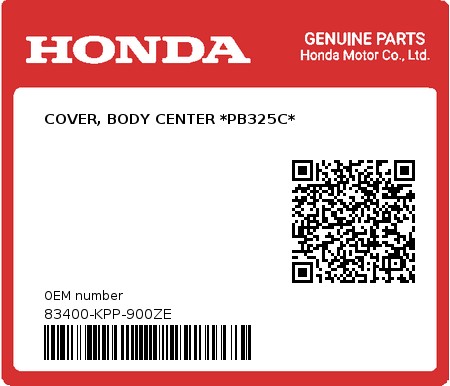 Product image: Honda - 83400-KPP-900ZE - COVER, BODY CENTER *PB325C*  0