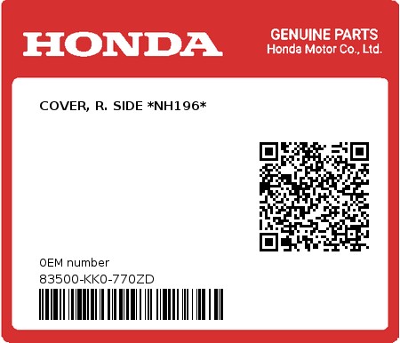 Product image: Honda - 83500-KK0-770ZD - COVER, R. SIDE *NH196*  0