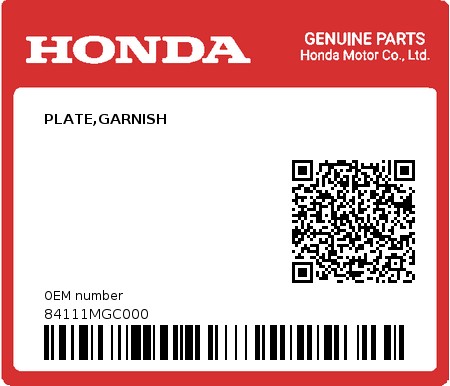 Product image: Honda - 84111MGC000 - PLATE,GARNISH  0