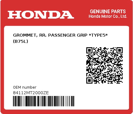Product image: Honda - 84112MT2000ZE - GROMMET, RR. PASSENGER GRIP *TYPE5* (B75L)  0