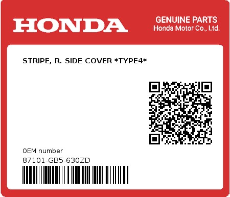 Product image: Honda - 87101-GB5-630ZD - STRIPE, R. SIDE COVER *TYPE4*  0