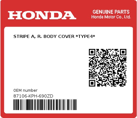 Product image: Honda - 87106-KPH-690ZD - STRIPE A, R. BODY COVER *TYPE4*  0