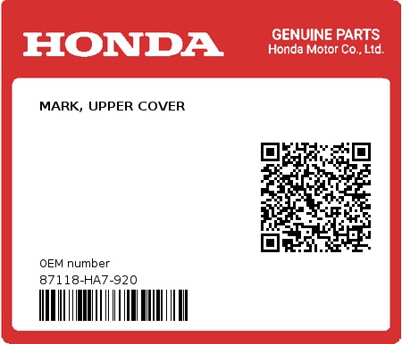 Product image: Honda - 87118-HA7-920 - MARK, UPPER COVER  0
