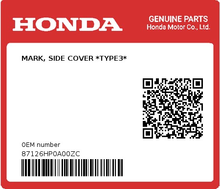 Product image: Honda - 87126HP0A00ZC - MARK, SIDE COVER *TYPE3*  0