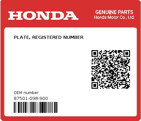 Product image: Honda - 87501-098-900 - PLATE, REGISTERED NUMBER  0