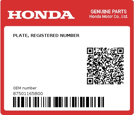 Product image: Honda - 87501165B00 - PLATE, REGISTERED NUMBER  0