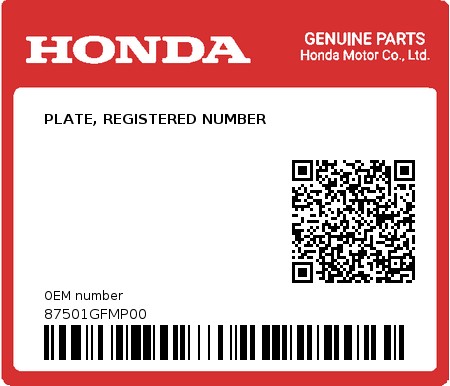 Product image: Honda - 87501GFMP00 - PLATE, REGISTERED NUMBER  0