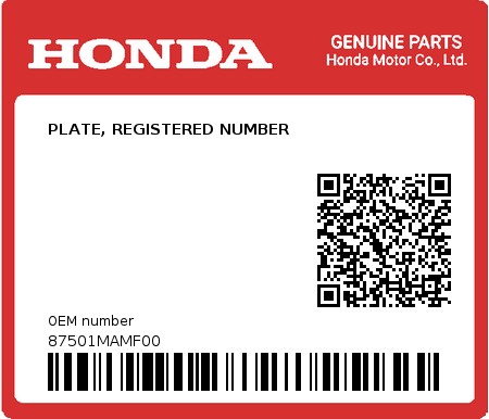 Product image: Honda - 87501MAMF00 - PLATE, REGISTERED NUMBER  0