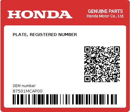 Product image: Honda - 87501MCAP00 - PLATE, REGISTERED NUMBER  0