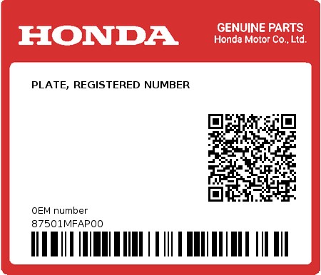 Product image: Honda - 87501MFAP00 - PLATE, REGISTERED NUMBER  0