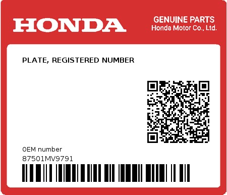 Product image: Honda - 87501MV9791 - PLATE, REGISTERED NUMBER  0