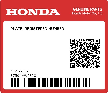 Product image: Honda - 87501MW0620 - PLATE, REGISTERED NUMBER  0