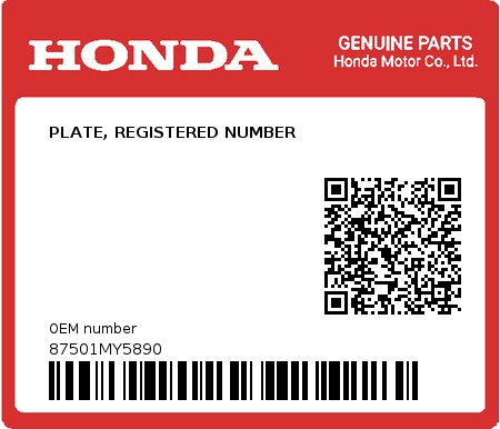 Product image: Honda - 87501MY5890 - PLATE, REGISTERED NUMBER  0