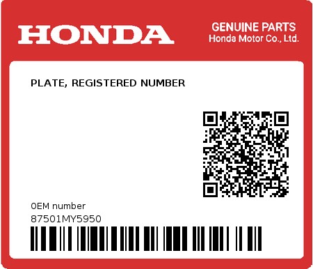 Product image: Honda - 87501MY5950 - PLATE, REGISTERED NUMBER  0