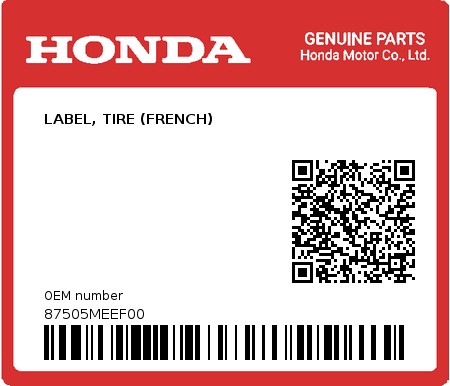 Product image: Honda - 87505MEEF00 - LABEL, TIRE (FRENCH)  0