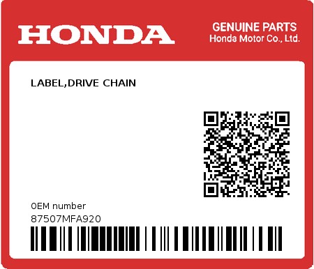 Product image: Honda - 87507MFA920 - LABEL,DRIVE CHAIN  0