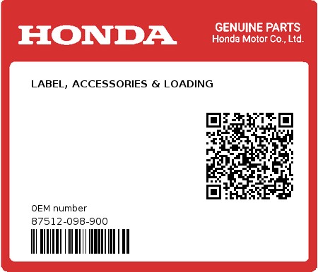 Product image: Honda - 87512-098-900 - LABEL, ACCESSORIES & LOADING  0