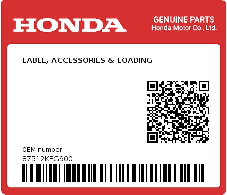 Product image: Honda - 87512KFG900 - LABEL, ACCESSORIES & LOADING  0
