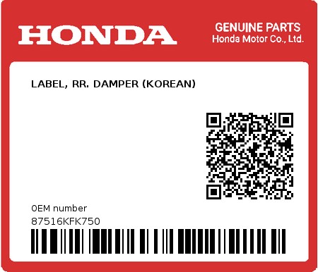 Product image: Honda - 87516KFK750 - LABEL, RR. DAMPER (KOREAN)  0