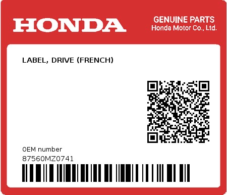Product image: Honda - 87560MZ0741 - LABEL, DRIVE (FRENCH)  0