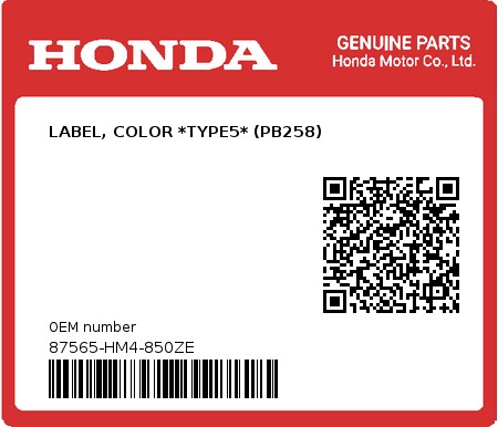 Product image: Honda - 87565-HM4-850ZE - LABEL, COLOR *TYPE5* (PB258)  0
