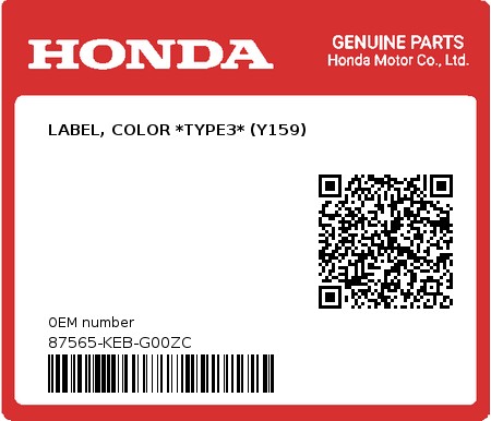Product image: Honda - 87565-KEB-G00ZC - LABEL, COLOR *TYPE3* (Y159)  0