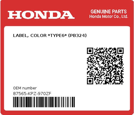 Product image: Honda - 87565-KPZ-970ZF - LABEL, COLOR *TYPE6* (PB324)  0