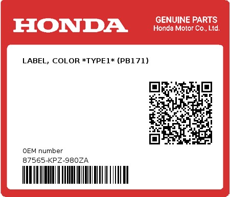 Product image: Honda - 87565-KPZ-980ZA - LABEL, COLOR *TYPE1* (PB171)  0