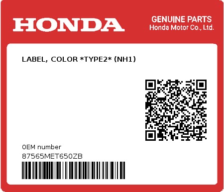 Product image: Honda - 87565MET650ZB - LABEL, COLOR *TYPE2* (NH1)  0