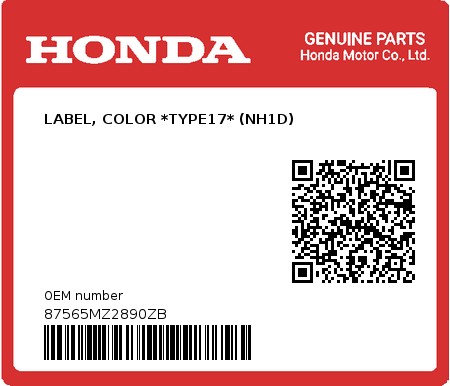 Product image: Honda - 87565MZ2890ZB - LABEL, COLOR *TYPE17* (NH1D)  0