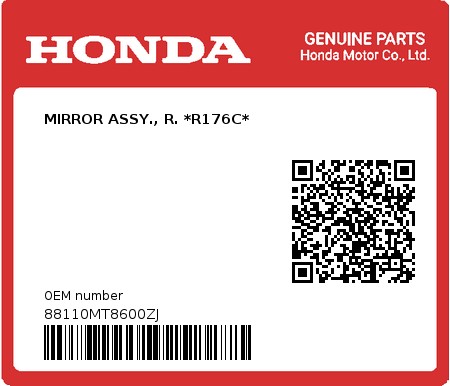 Product image: Honda - 88110MT8600ZJ - MIRROR ASSY., R. *R176C*  0