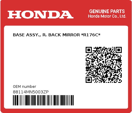 Product image: Honda - 88114MN5003ZP - BASE ASSY., R. BACK MIRROR *R176C*  0