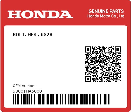 Product image: Honda - 90001HA5000 - BOLT, HEX., 6X28  0