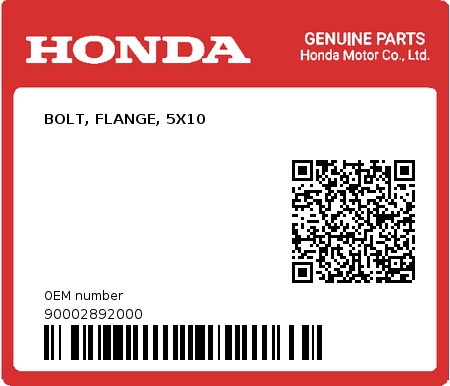 Product image: Honda - 90002892000 - BOLT, FLANGE, 5X10  0
