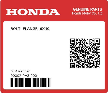 Product image: Honda - 90002-PH3-000 - BOLT, FLANGE, 6X40  0