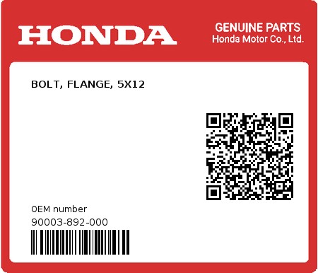 Product image: Honda - 90003-892-000 - BOLT, FLANGE, 5X12  0