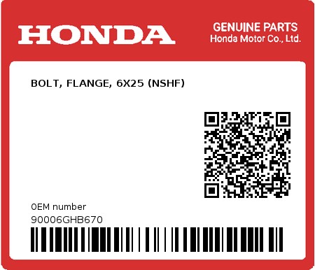 Product image: Honda - 90006GHB670 - BOLT, FLANGE, 6X25 (NSHF)  0