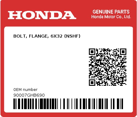 Product image: Honda - 90007GHB690 - BOLT, FLANGE, 6X32 (NSHF)  0