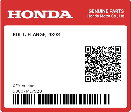 Product image: Honda - 90007ML7920 - BOLT, FLANGE, 9X93  0