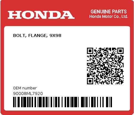 Product image: Honda - 90008ML7920 - BOLT, FLANGE, 9X98  0