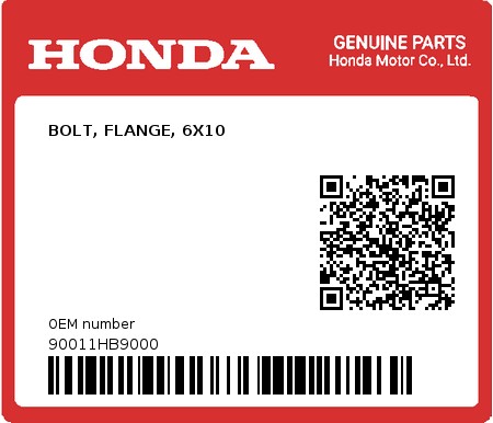 Product image: Honda - 90011HB9000 - BOLT, FLANGE, 6X10  0