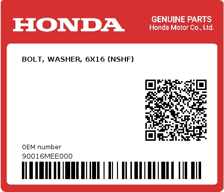Product image: Honda - 90016MEE000 - BOLT, WASHER, 6X16 (NSHF)  0