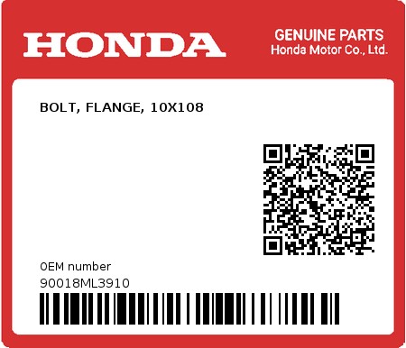 Product image: Honda - 90018ML3910 - BOLT, FLANGE, 10X108  0