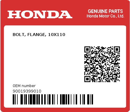 Product image: Honda - 90019399010 - BOLT, FLANGE, 10X110  0
