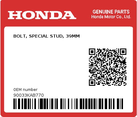 Product image: Honda - 90033KAB770 - BOLT, SPECIAL STUD, 39MM  0