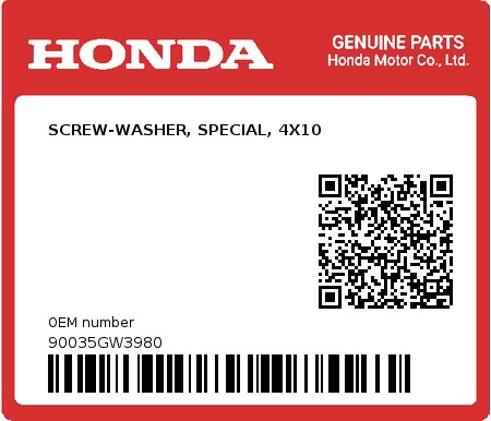 Product image: Honda - 90035GW3980 - SCREW-WASHER, SPECIAL, 4X10  0