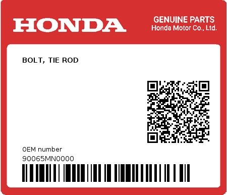 Product image: Honda - 90065MN0000 - BOLT, TIE ROD  0