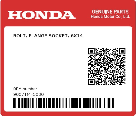 Product image: Honda - 90071MF5000 - BOLT, FLANGE SOCKET, 6X14  0