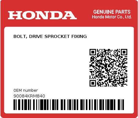 Product image: Honda - 90084KRM840 - BOLT, DRIVE SPROCKET FIXING  0